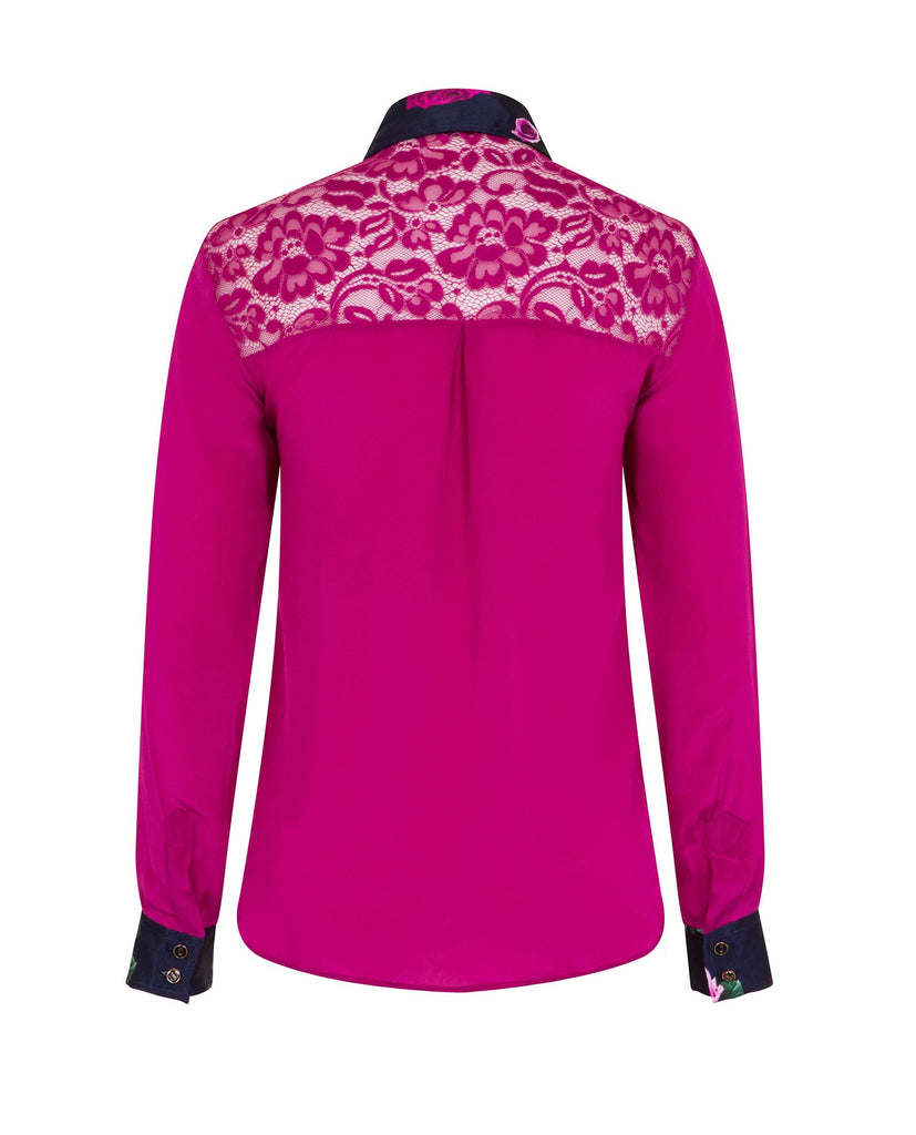 Classic Silk Shirt Rose Berry Pink with lace back panel