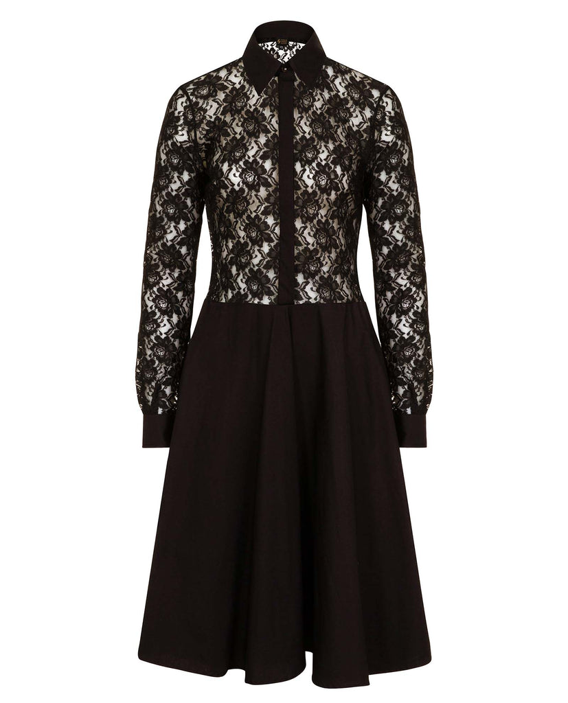 Front of a black cotton midi dress with lace top