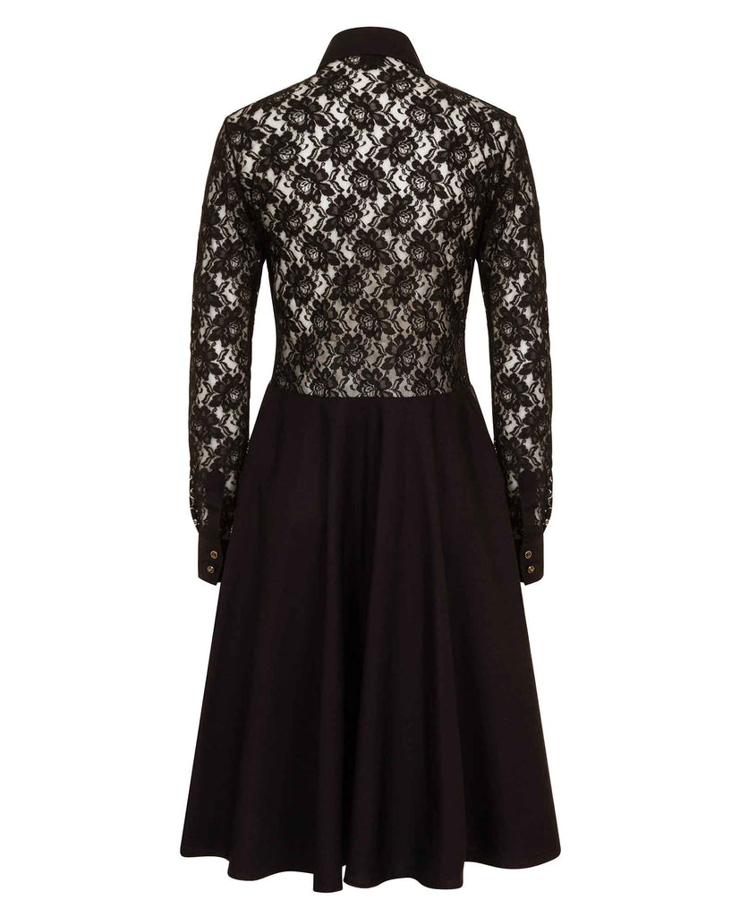 Back of midi length black cotton dress with lace body