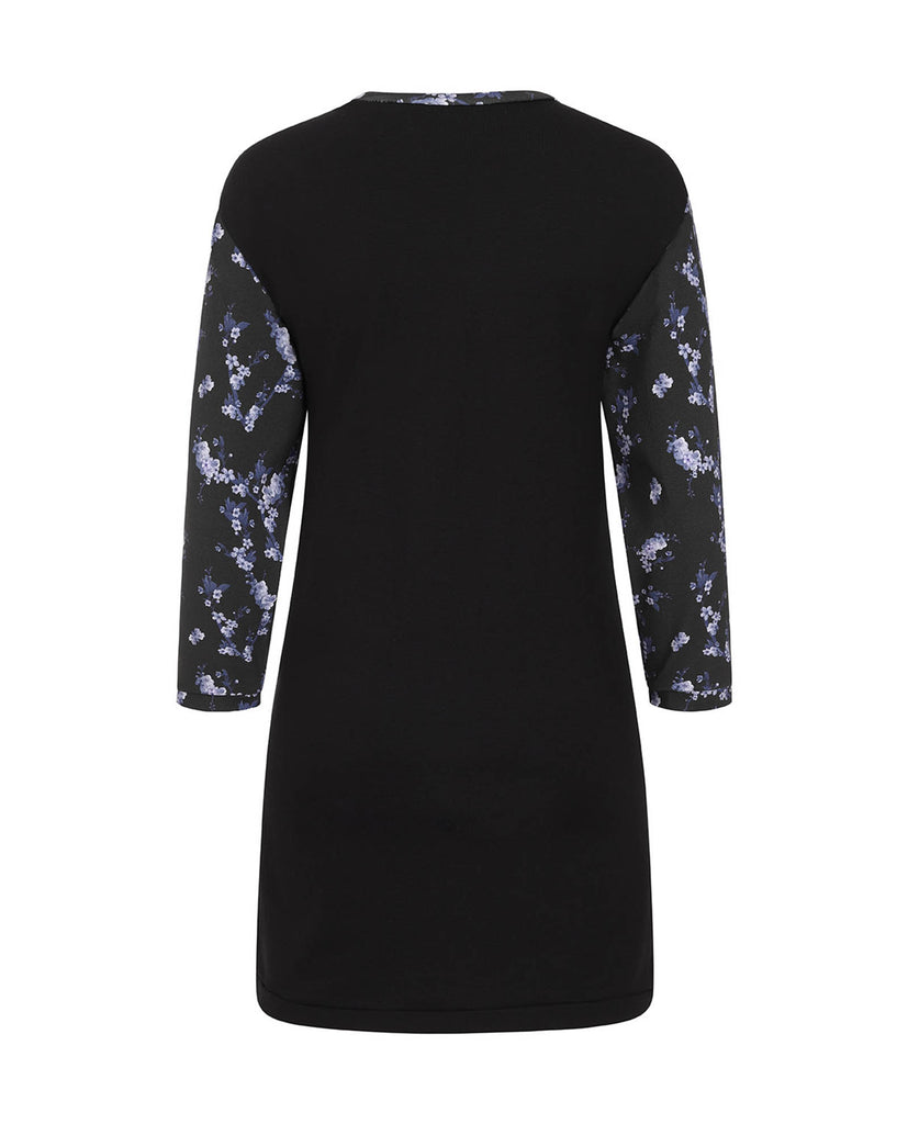 Black Floral Cotton T-Shirt Dress Long Sleeve