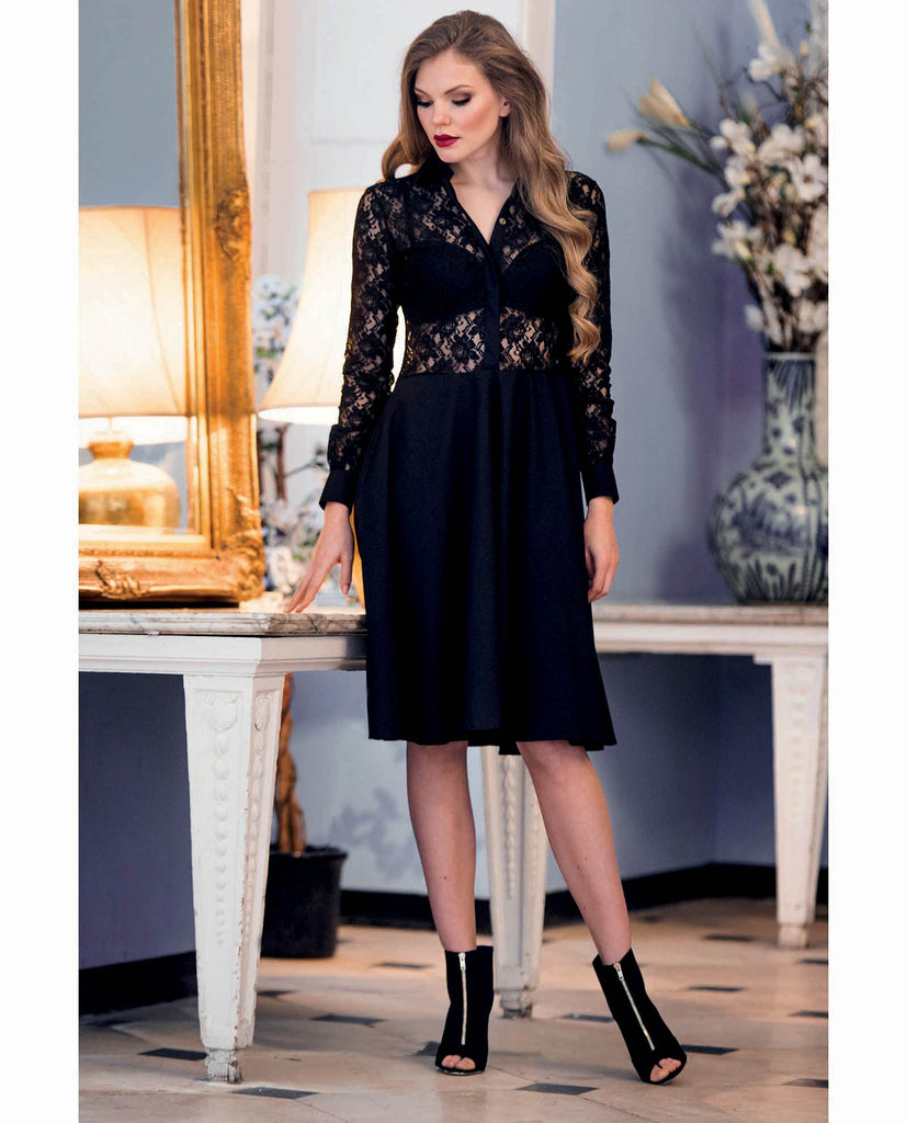 Model in black cotton knee length lace dress