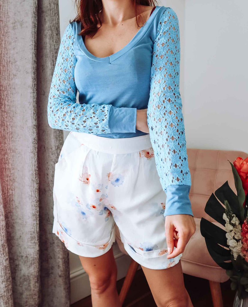 Blue Lace Sleeve Jersey Top