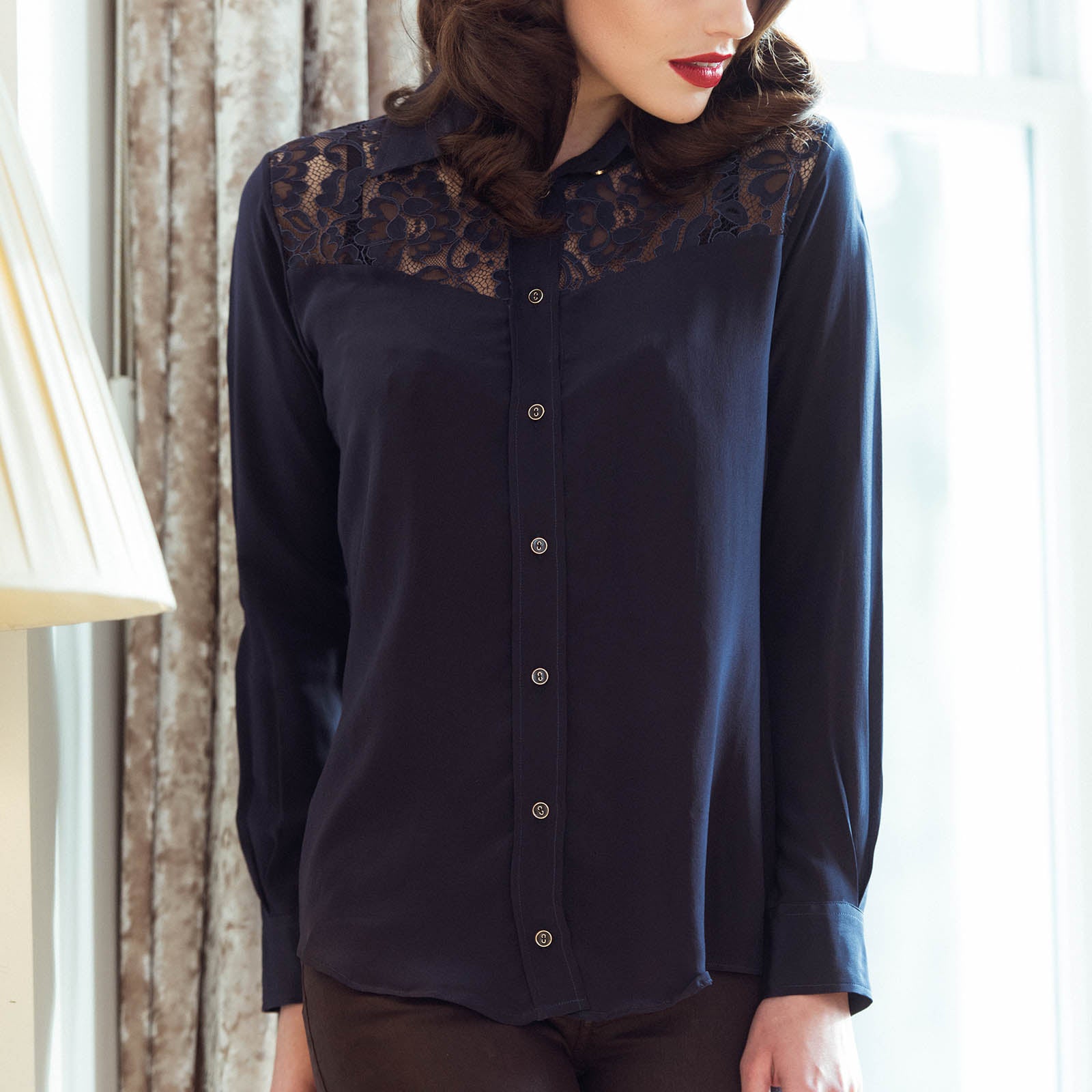 Women's navy blue silk shirt with lace detail