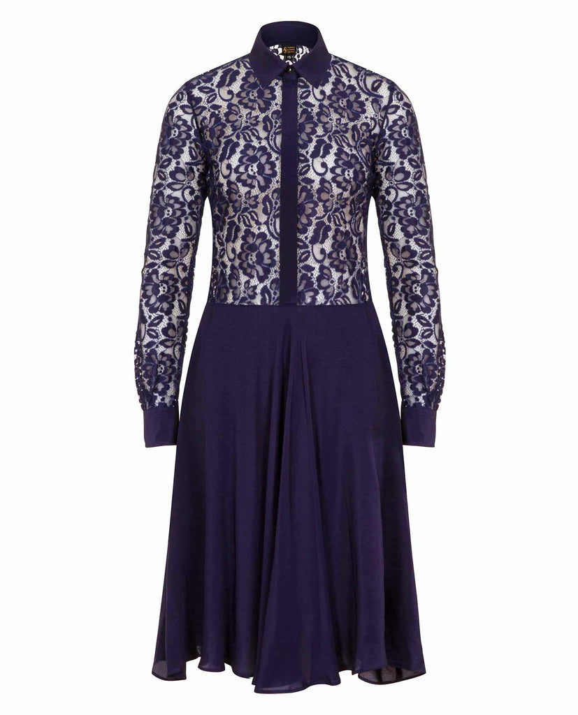 Front of a midi navy blue silk dress with full skirt and lace body