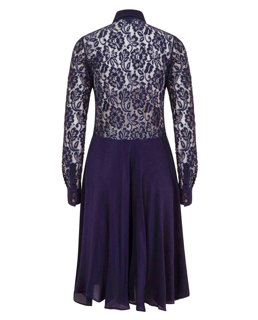 Back of a knee length navy blue silk dress with lace body and full length sleeves