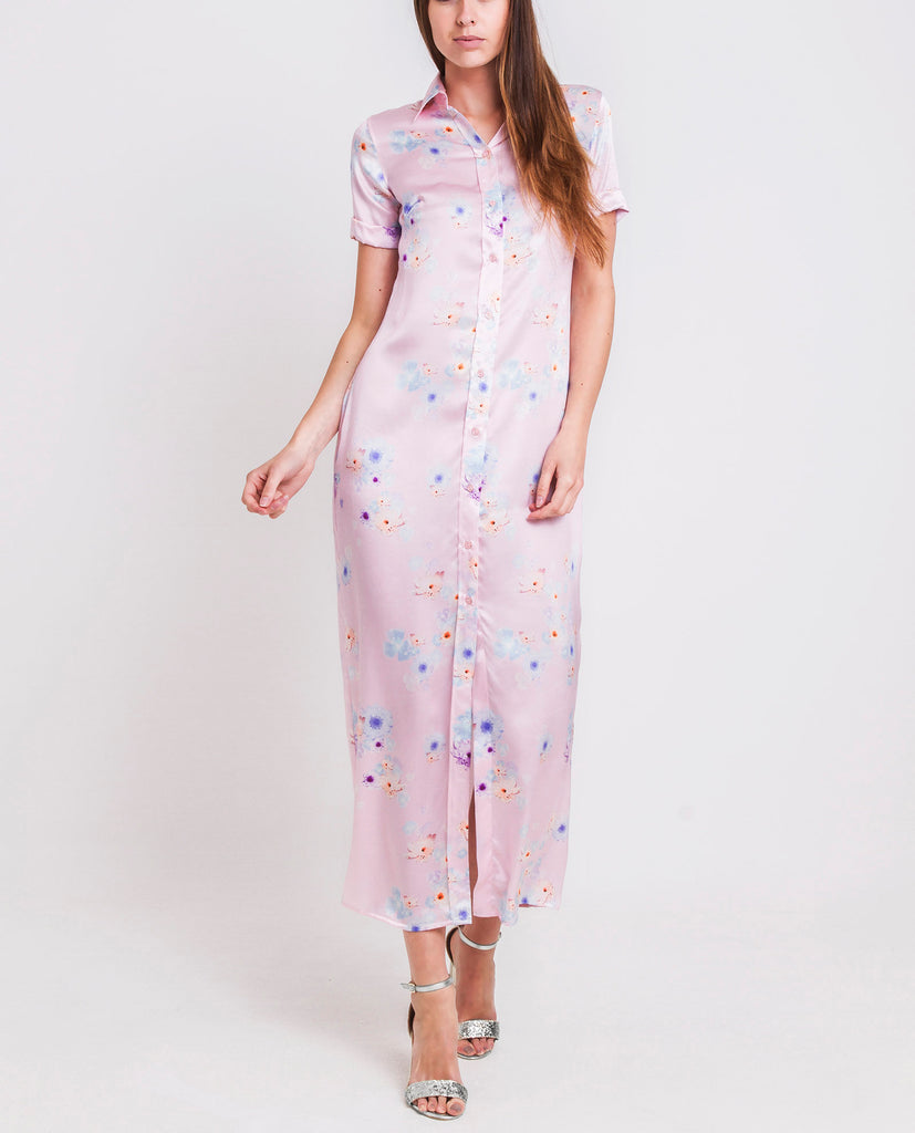 Pink Beach Flower Silk Maxi Dress