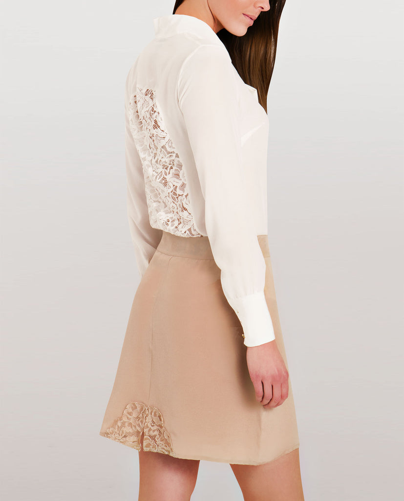 Back of Silk Mini Skirt Beige with lace cut out