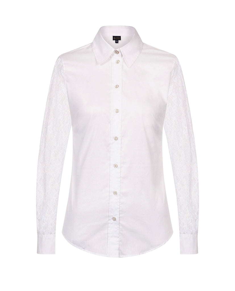 Front of women's cotton slim fitted white shirt